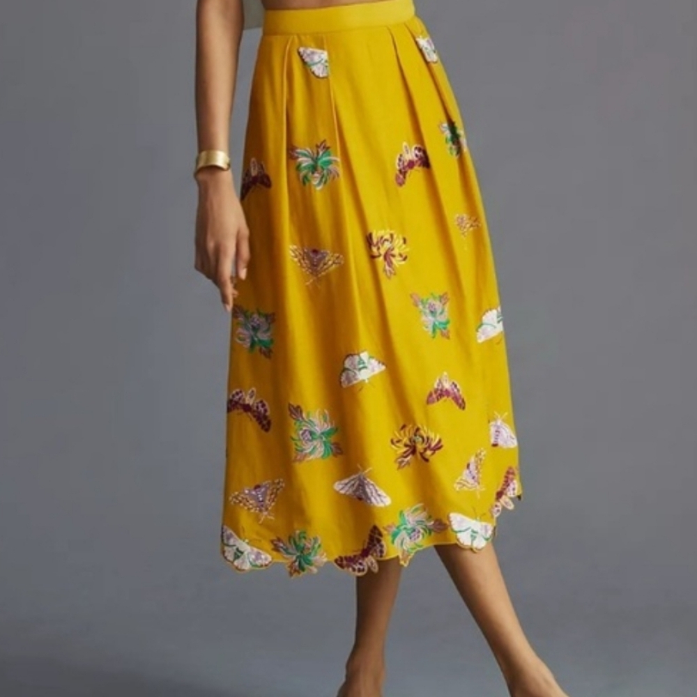 Anthropologie Embroidered Viscose Butterfly Midi Skirt size XS